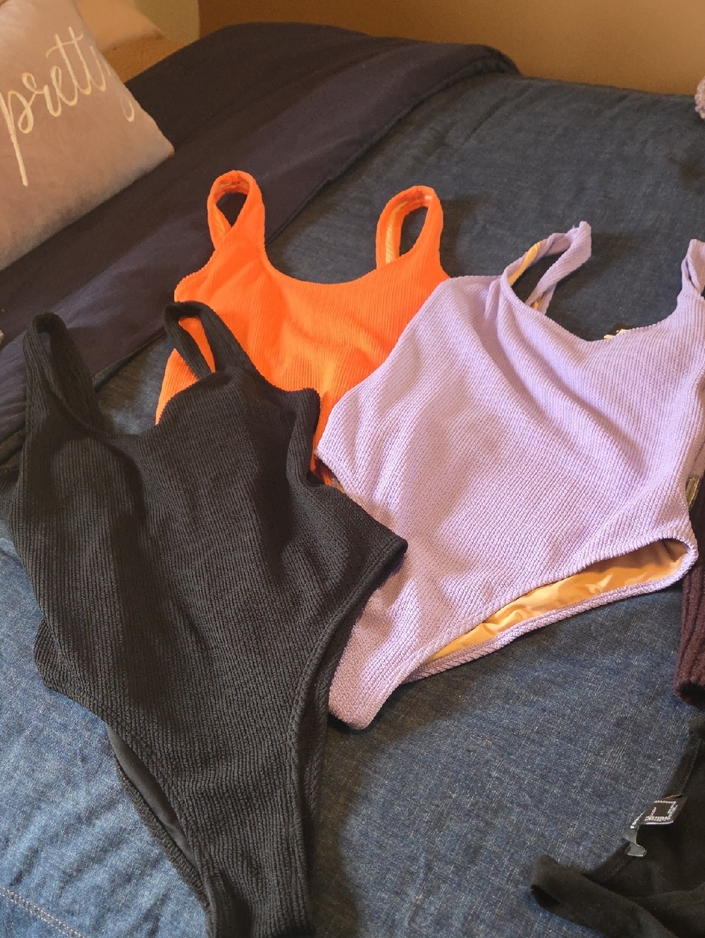 Cotton On Body Ribbed One-Piece Swimsuits in Black, Orange, Lavender